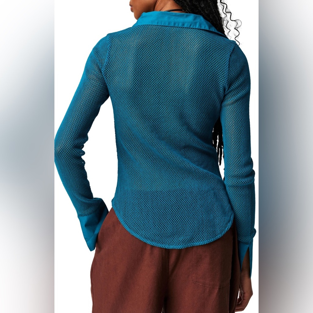Free People Siggi Mesh Button-Up Shirt Crystal Teal Large - Picture 2 of 9